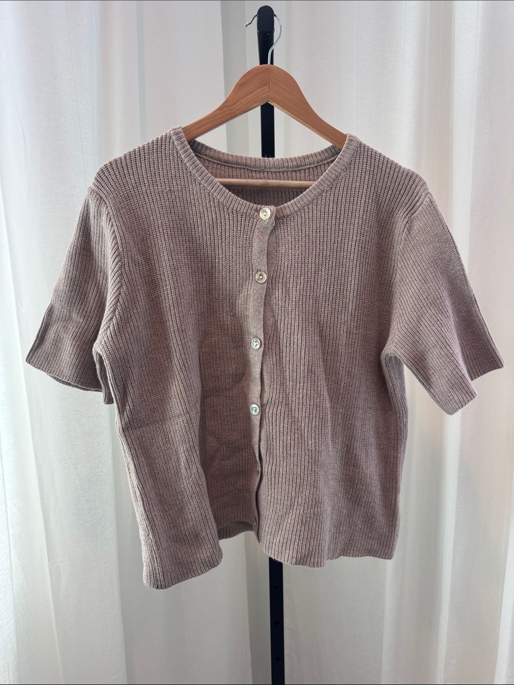 Short Sleeve Button-Front Knit Top in Taupe